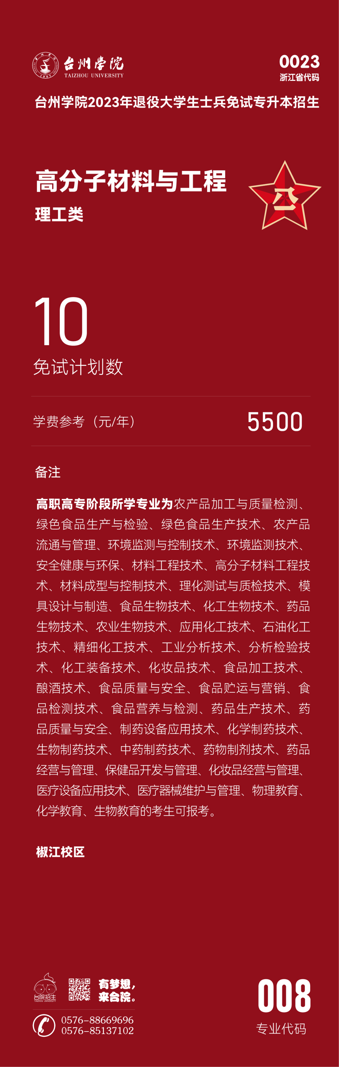 臺州學院退役大學生士兵免試專升本招生專業