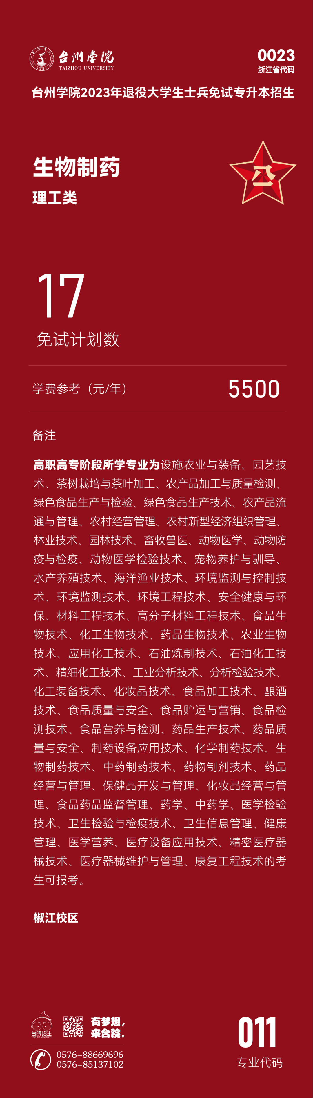 臺州學院退役大學生士兵免試專升本招生專業